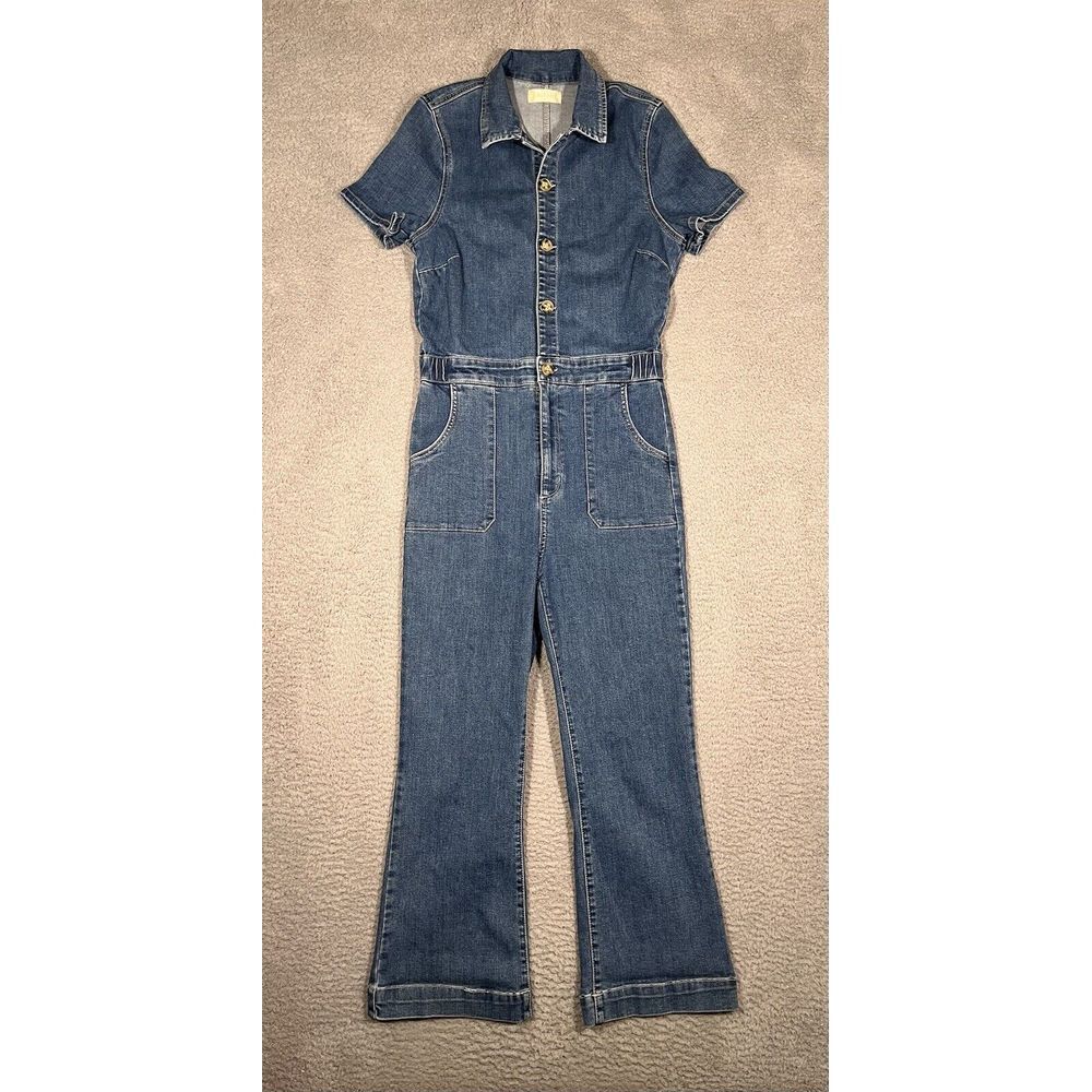 Altar'd State Womens Denim Jump Suit Romper Bell Bottom Flared Button Up Large L